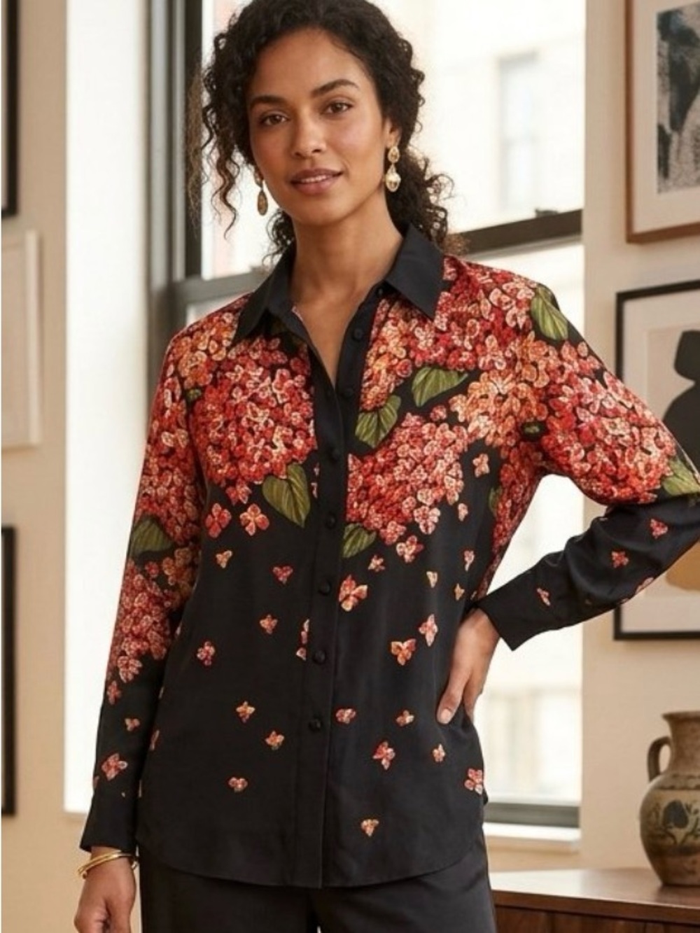VTG 90s Bob Mackie Wearable Art 100% Silk Floral Blouse Shirt Black Small